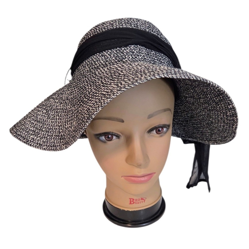 Peter Grimm Black White Sun Beach Resort Packable Hat Wide Brim Black Sash Band